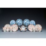 Eight Chinese blue and white and famille rose cups and saucers and an Imari-style teapot, Kangxi/Qia