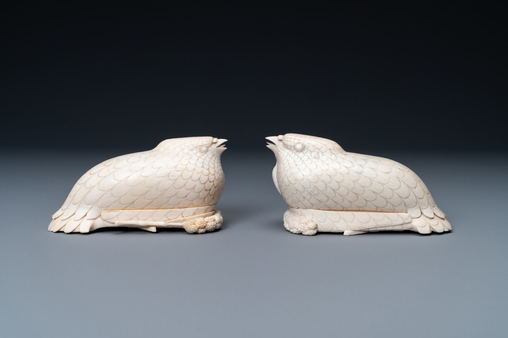 A pair of Chinese ivory quail-shaped boxes on inlaid wooden stands, Republic - Image 3 of 8