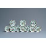 Ten Chinese Canton famille rose celadon-ground plates, 19th C.