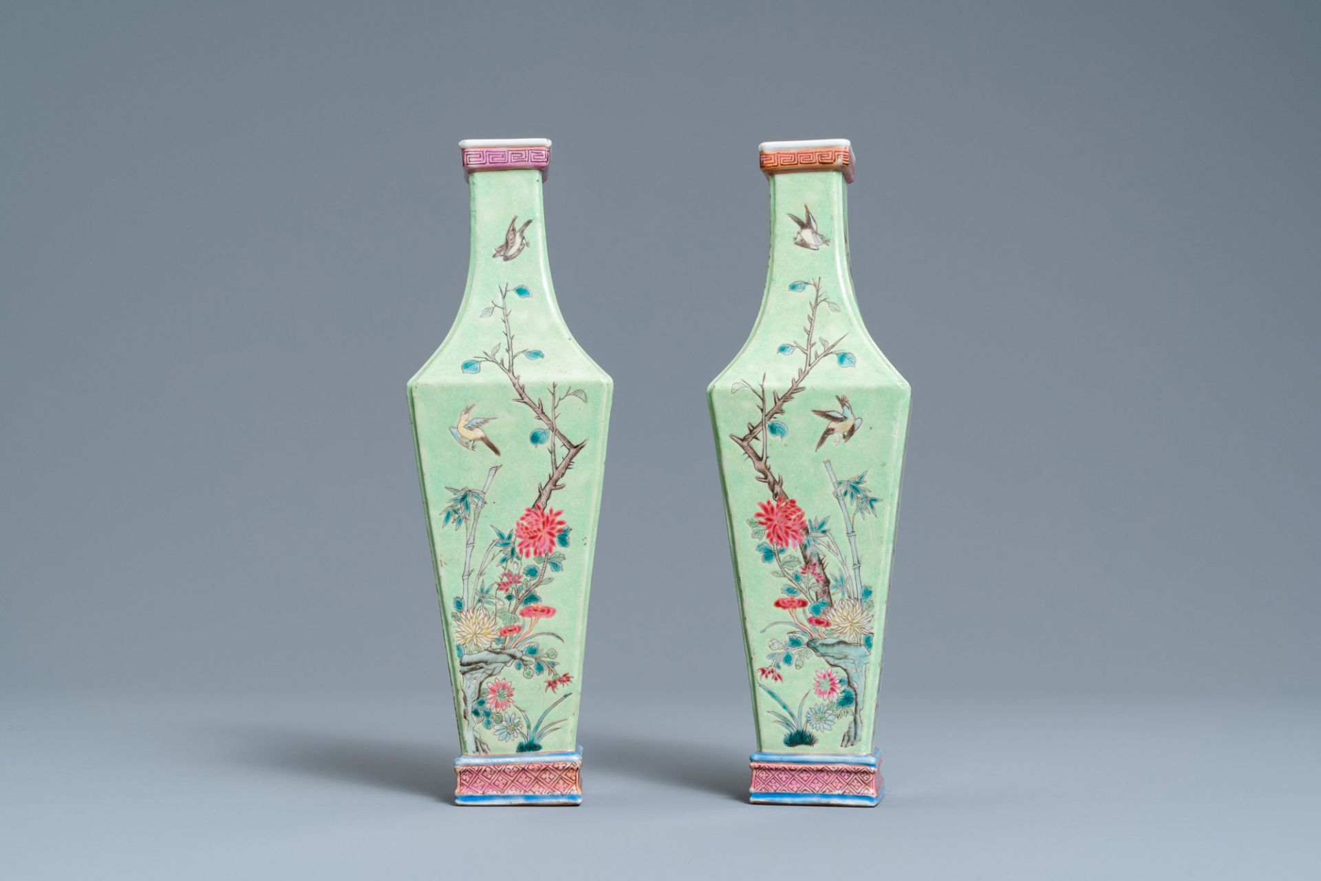 A pair of Chinese famille rose green-ground vases with floral design, 19th C. - Image 2 of 6