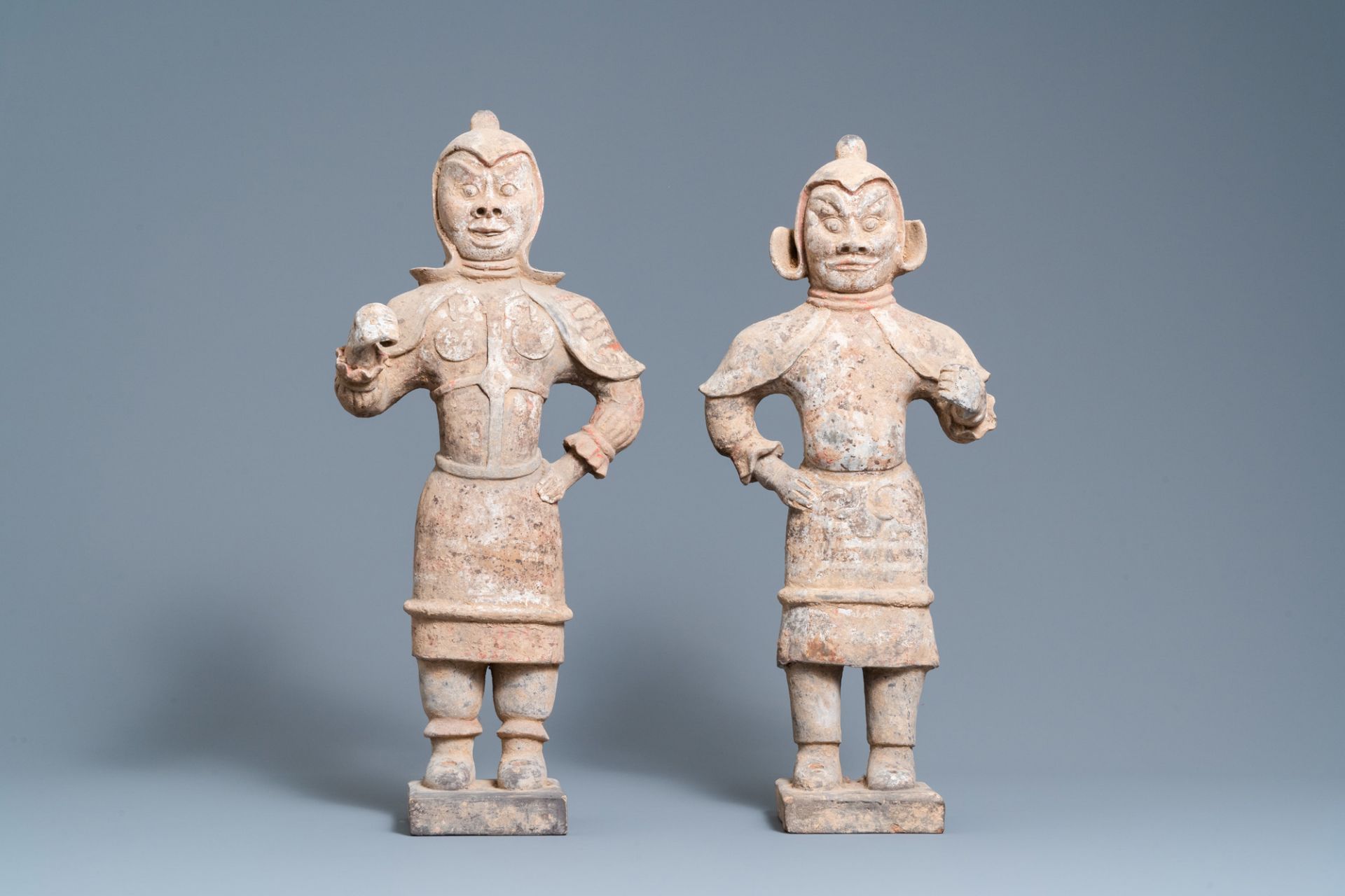 A pair of Chinese painted pottery 'Lokapala' guardian figures, Tang - Image 2 of 7
