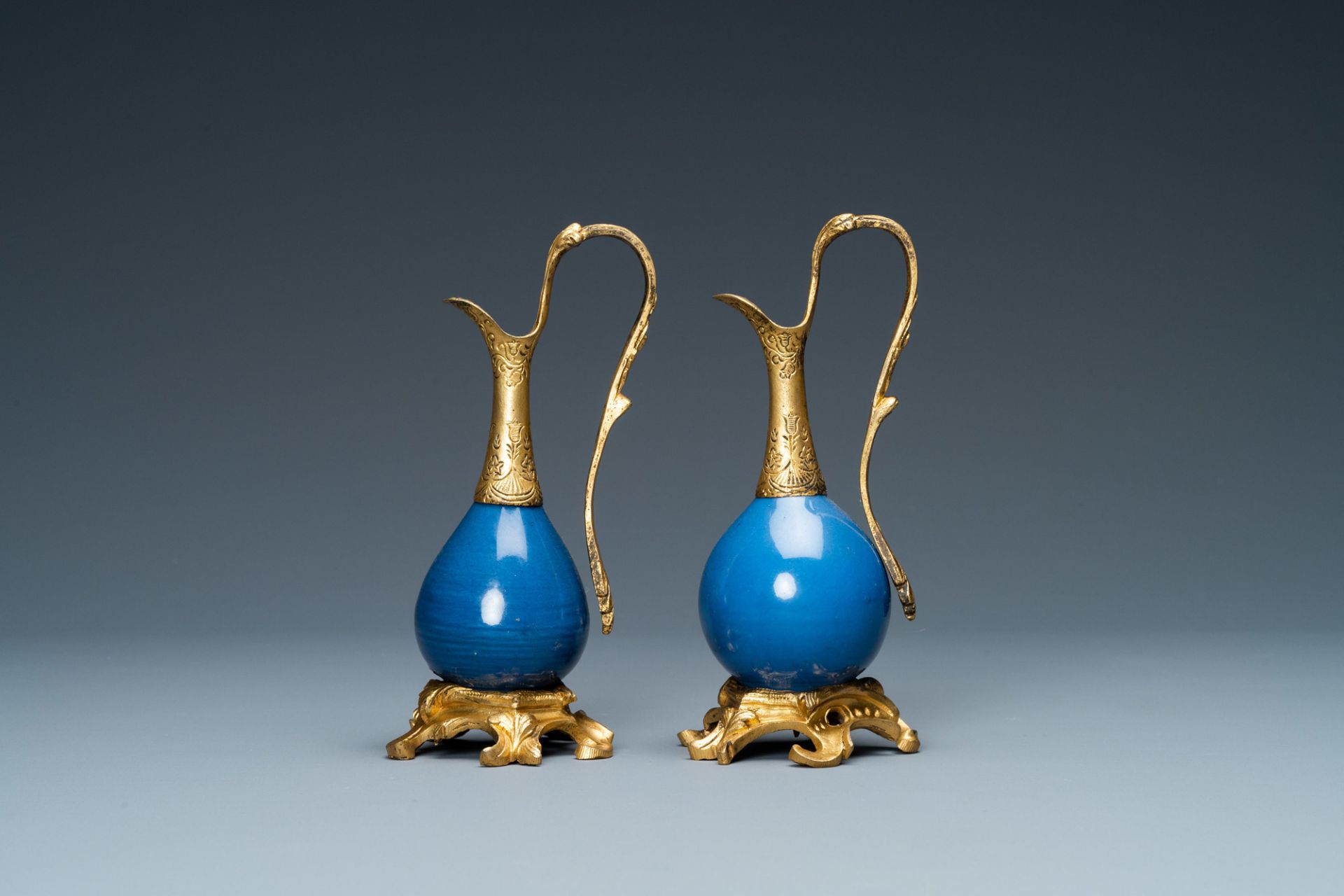 Two Chinese monochrome blue vases mounted as ewers with gilt bronze, Kangxi and 19th C. - Image 3 of 8