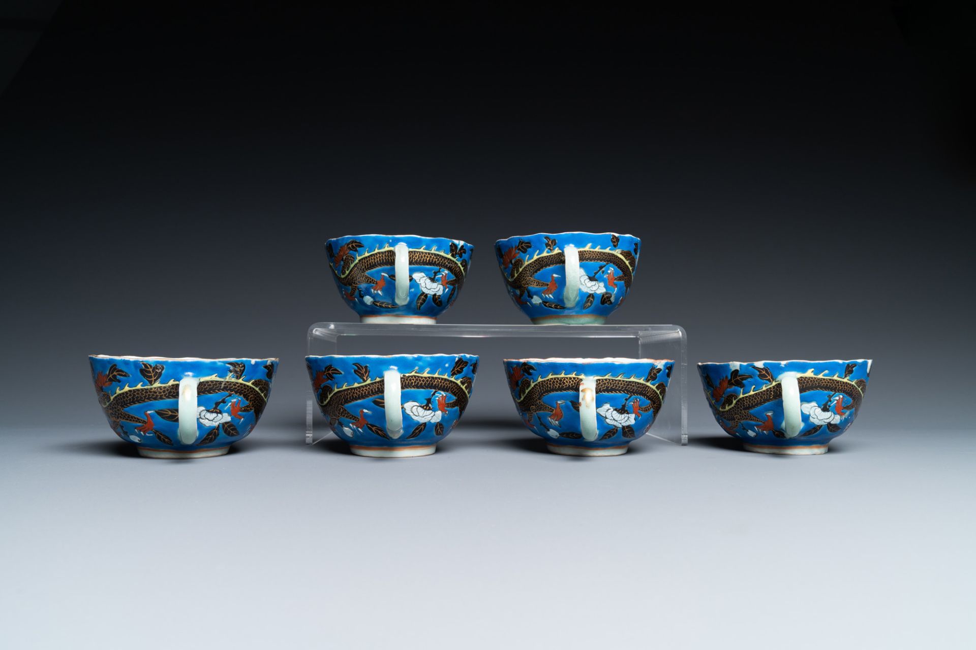 Six Chinese blue-ground cups and saucers with dragons, 19th C. - Image 5 of 9