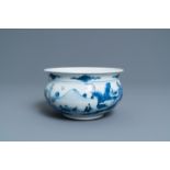 A Chinese blue and white censer with figures in a mountainous landscape, Kangxi