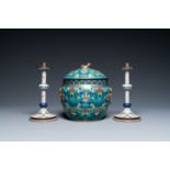 A Chinese cloisonne bowl and cover and a pair of candlesticks, 19/20th C.