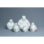 Five Chinese famille rose and white figures of Buddha, seal marks, 19/20th C.