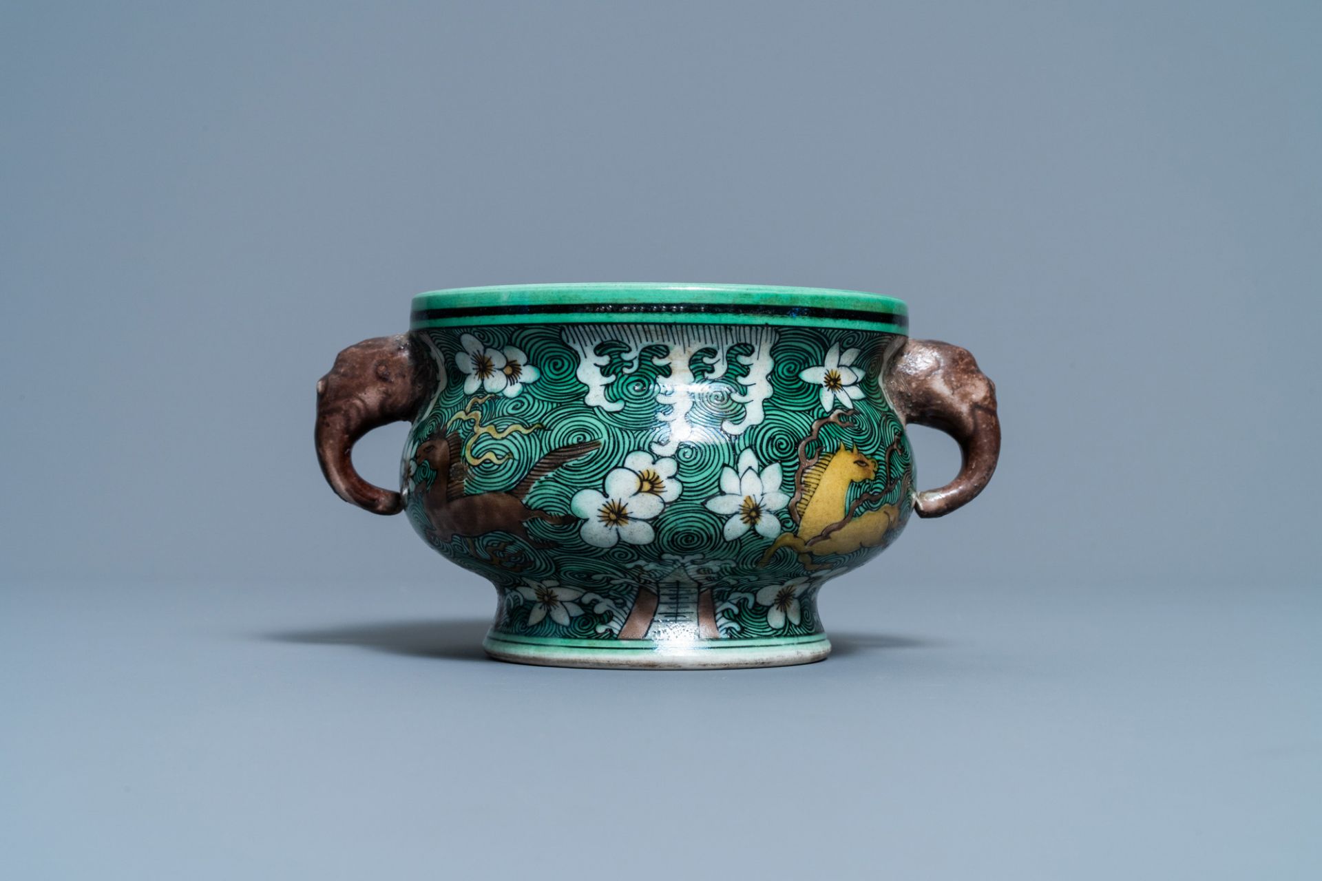 A Chinese verte biscuit 'flaming horses' censer, Jiajing mark, 18/19th C. - Image 2 of 7