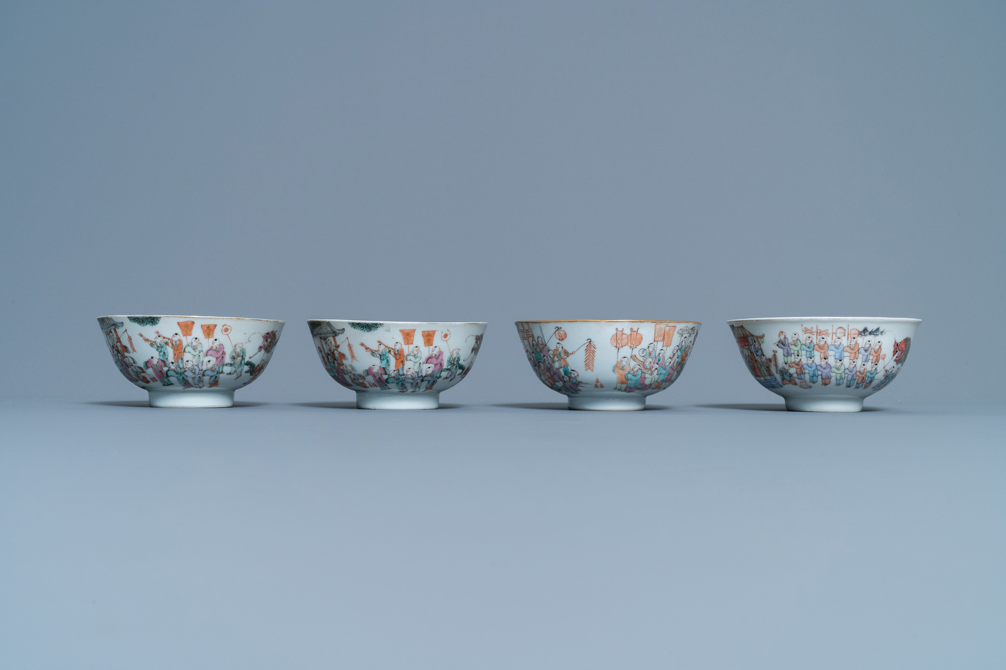 Four Chinese famille rose 'spring festival' bowls, 19th C. - Image 3 of 7