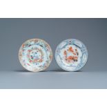 A Chinese famille rose 'antiquities' plate and one with a scroll, Yongzheng