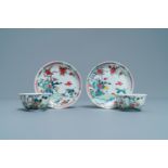 A pair of Chinese famille rose cups and saucers with landscape design, Yongzheng