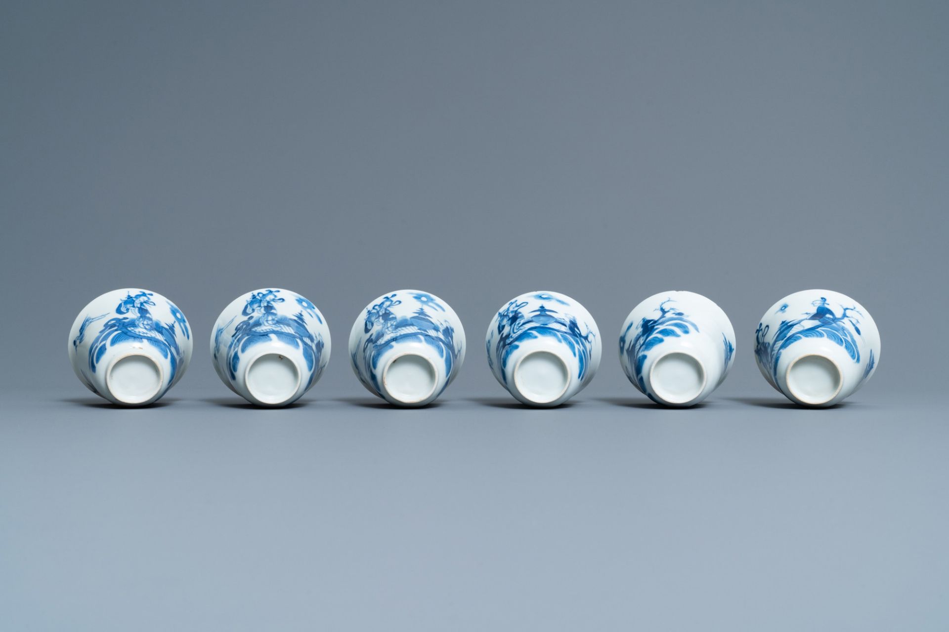 Six Chinese blue and white cups and saucers, 19th C. - Image 10 of 11