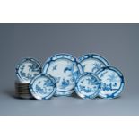 Fifteen Chinese blue and white plates and three dishes with 'cuckoo in the house' design, Qianlong