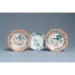 Two Chinese octagonal famille verte dishes and a 'poem' plate, Kangxi