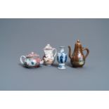 Two Chinese famille rose jugs, a teapot and a blue and white vase, Kangxi and later