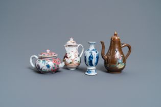 Two Chinese famille rose jugs, a teapot and a blue and white vase, Kangxi and later