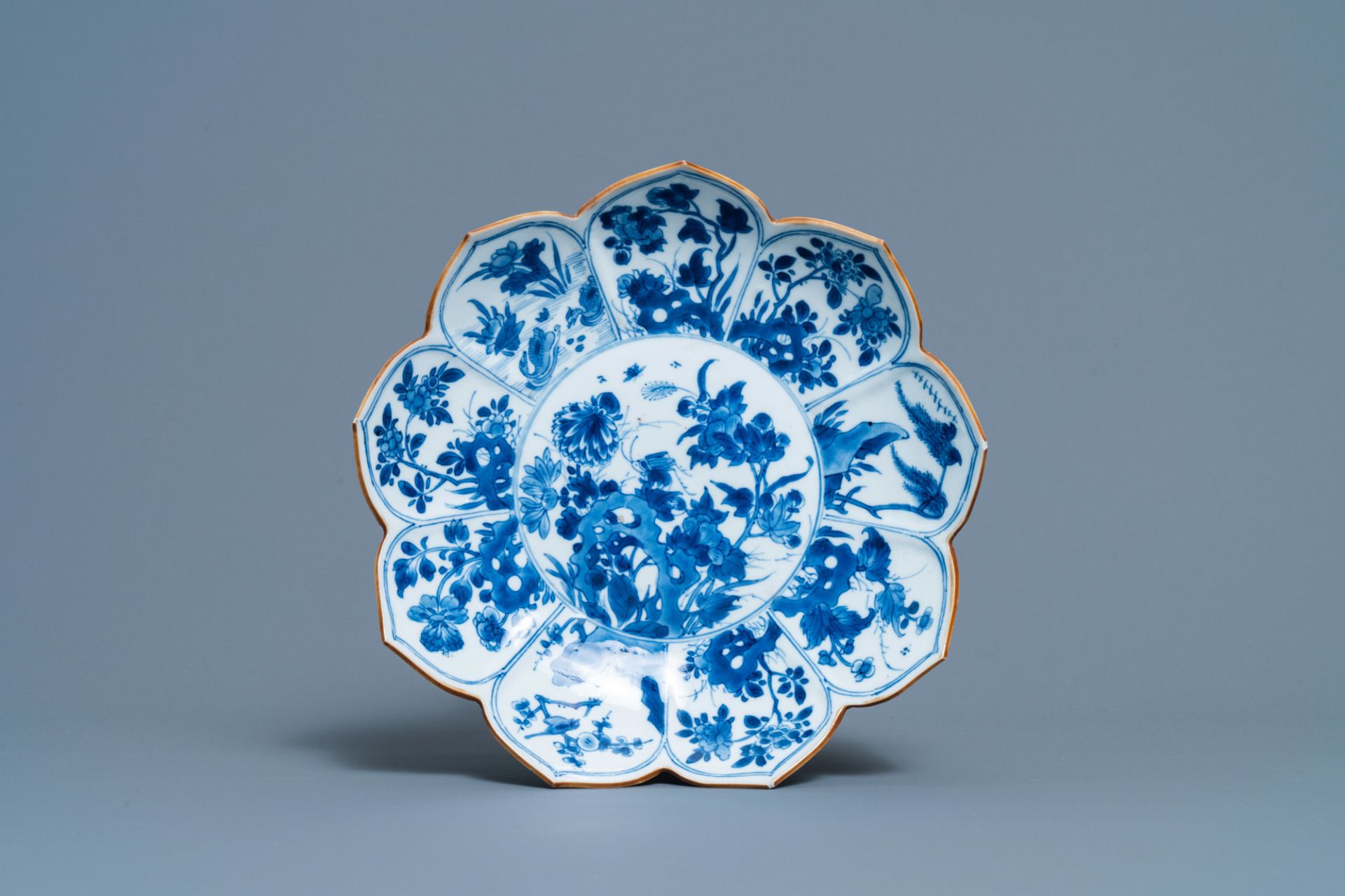 A pair of Chinese blue and white vases, a 'lotus' dish and four cups, Kangxi - Image 2 of 15