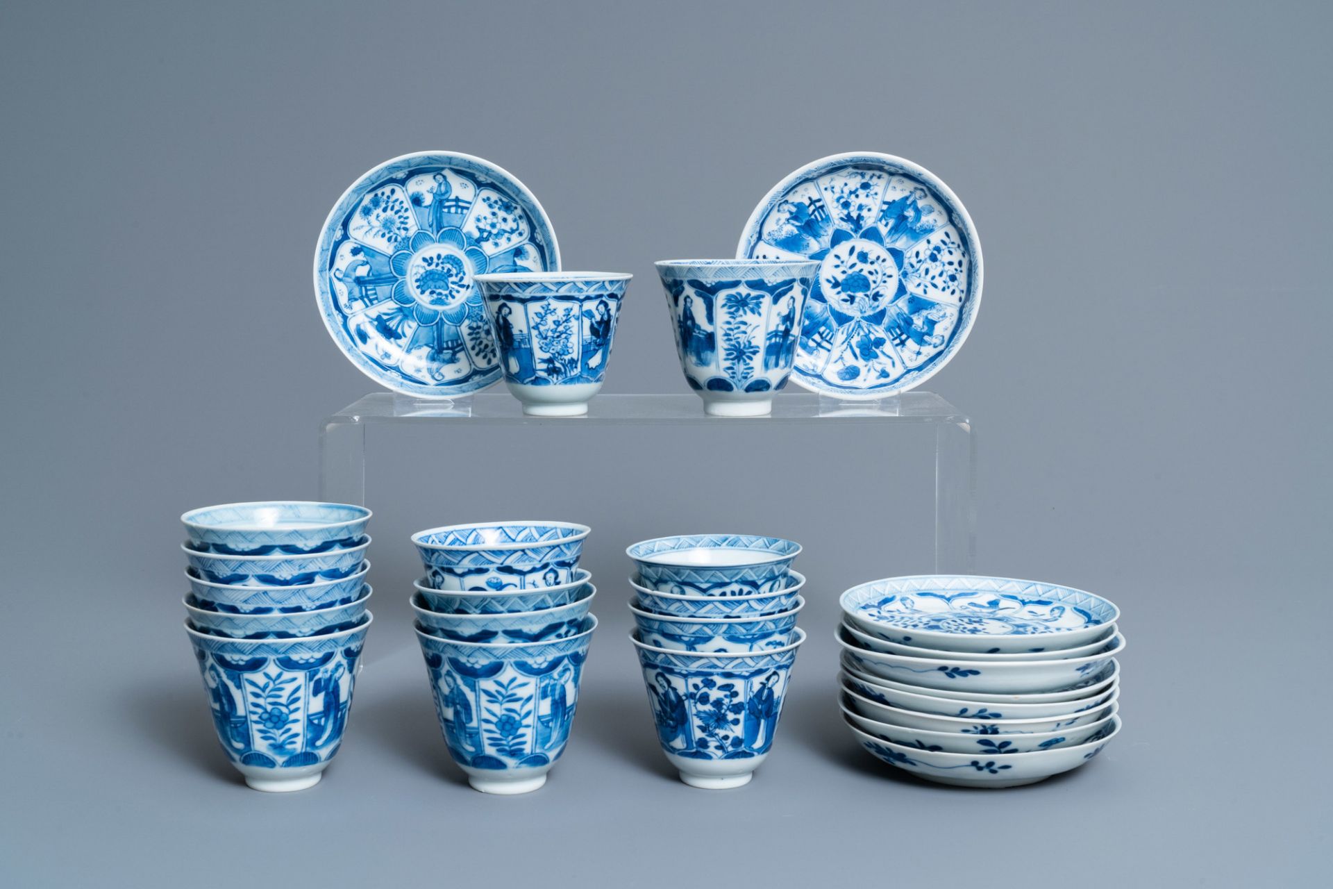 Forty-three Chinese blue and white cups and twenty-five saucers with 'Long Eliza', various marks, 19 - Image 12 of 13