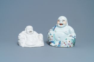 A Chinese famille rose figure of Buddha and one in blanc de Chine, 19/20th C.