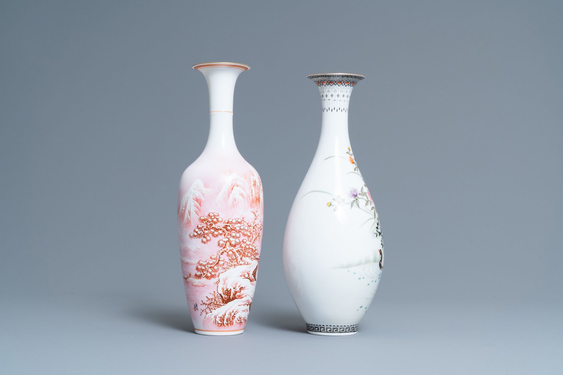 Two Chinese eggshell porcelain vases, seal marks, 20th C. - Image 2 of 6