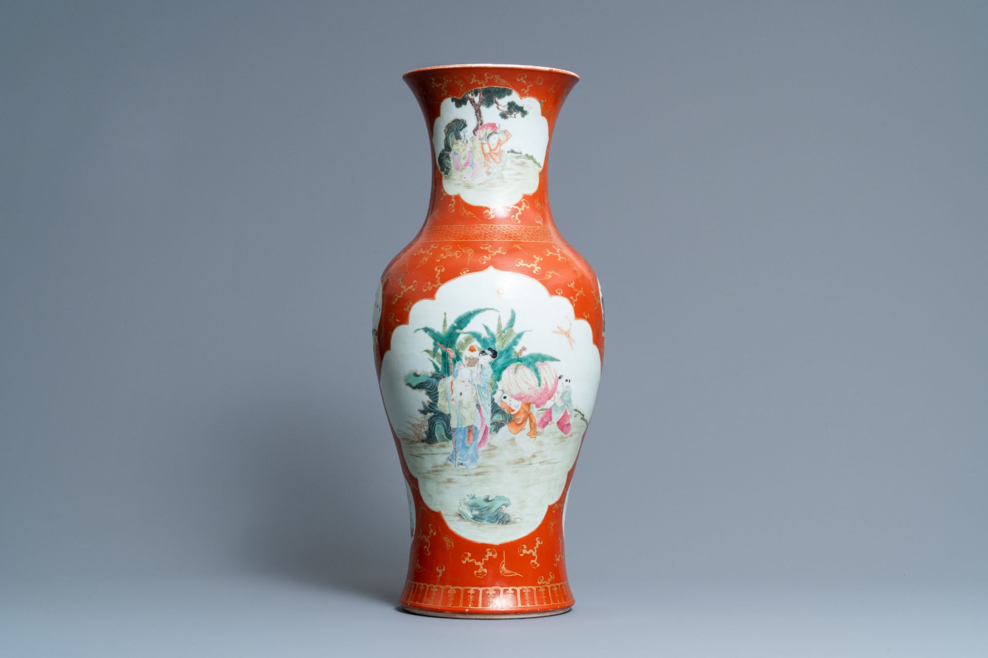 A Chinese famille rose coral red-ground vase, Qianlong mark, Republic