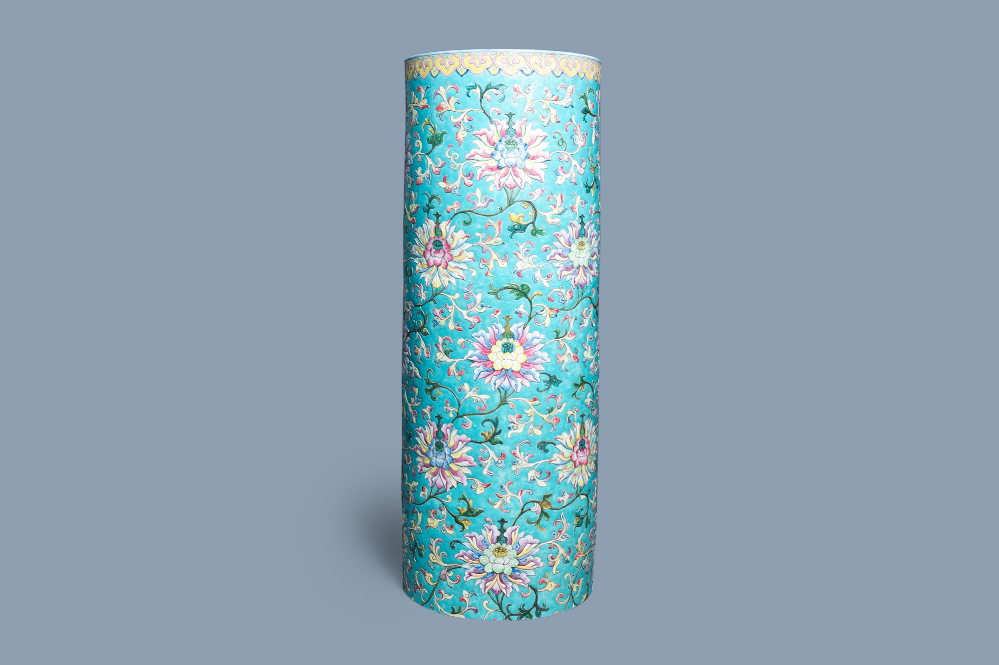 A large Chinese famille rose cylindrical vase with applied lotus scrolls, Jiaqing/Daoguang - Image 4 of 49