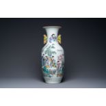 A Chinese two-sided qianjiang cai and famille rose vase, 19/20th C.