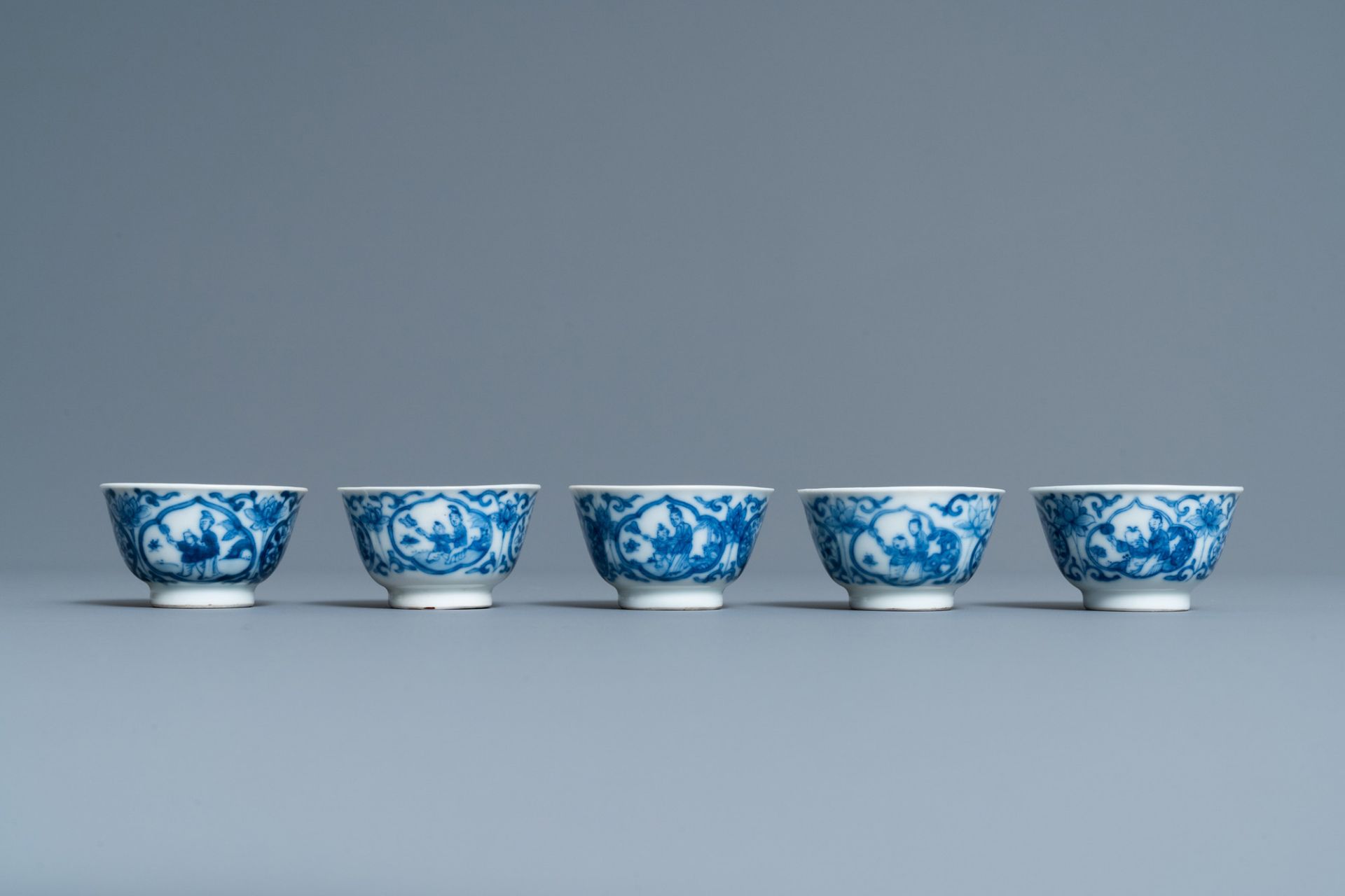 Five Chinese blue and white cups and saucers, Kangxi - Image 6 of 9