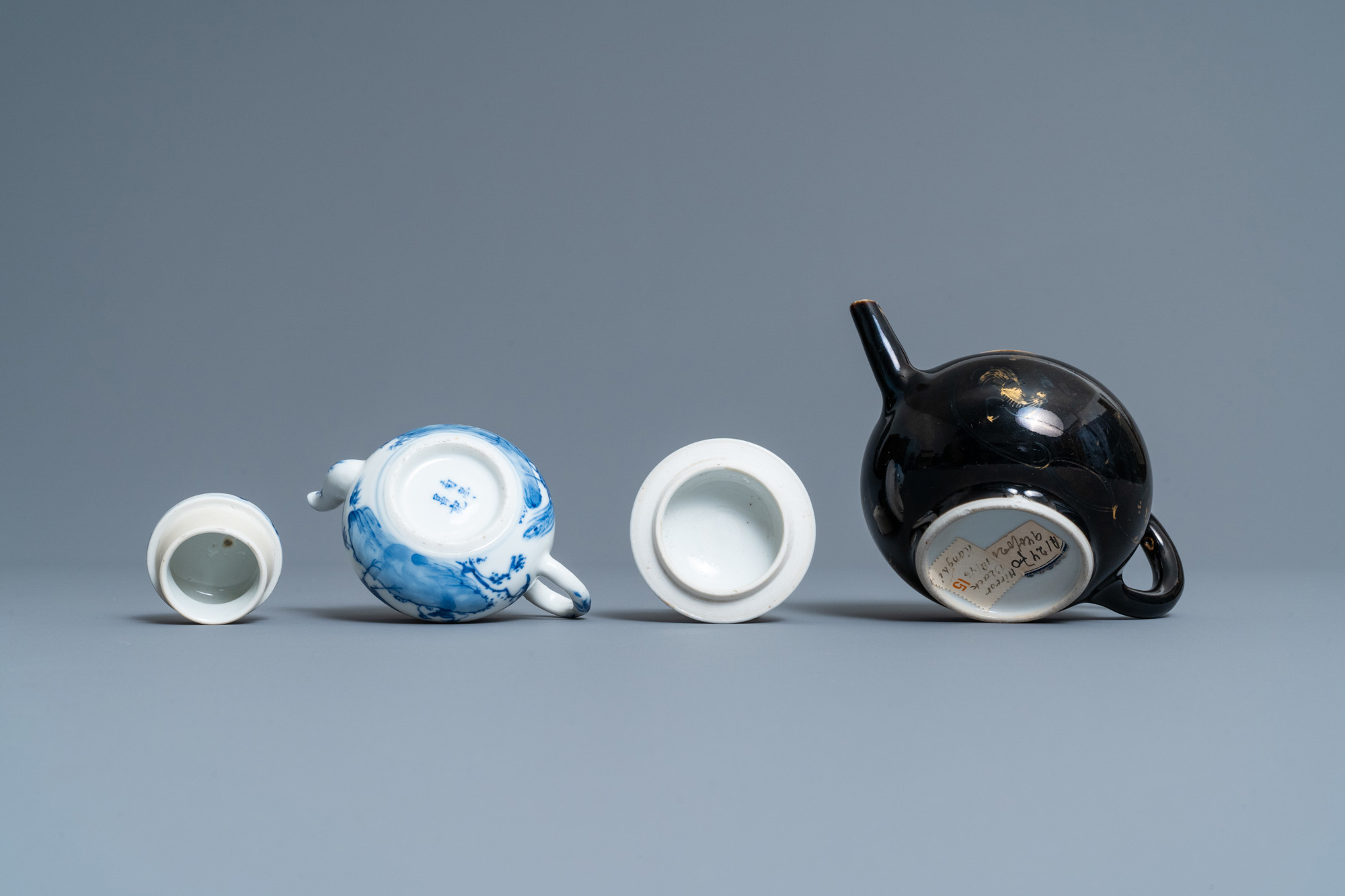 Four Chinese Yixing stoneware, blue and white and monochrome black porcelain teapots, Kangxi and lat - Image 9 of 9