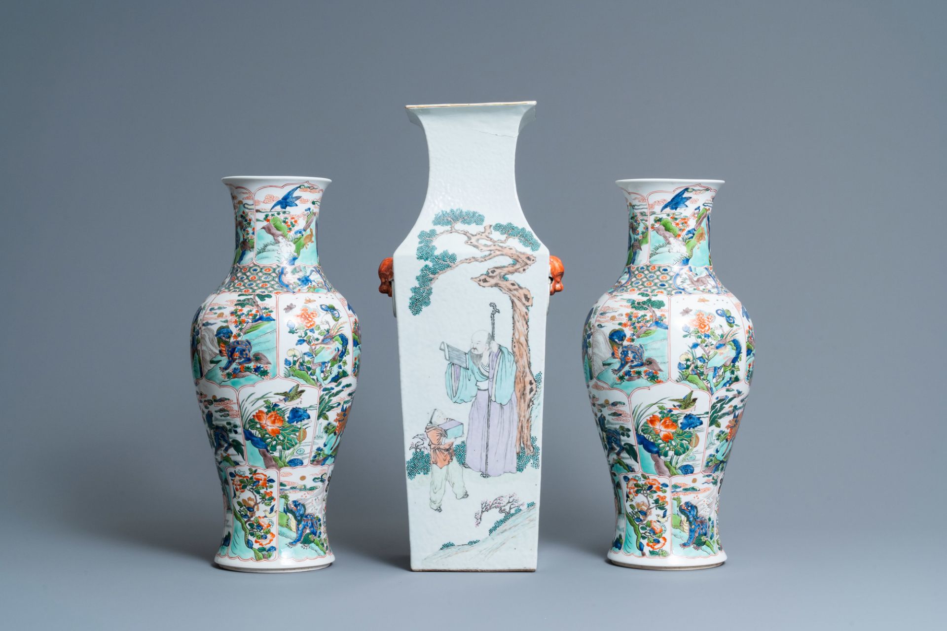 A square Chinese qianjiang cai vase and a pair of Samson famille verte vases, 19th C. - Image 2 of 7