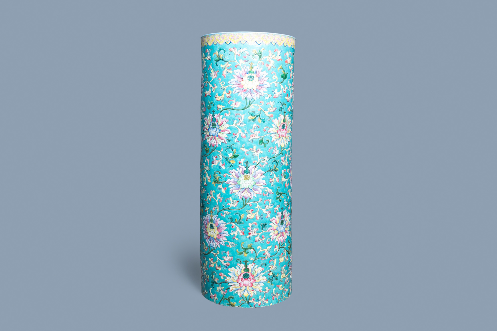 A large Chinese famille rose cylindrical vase with applied lotus scrolls, Jiaqing/Daoguang - Image 6 of 49