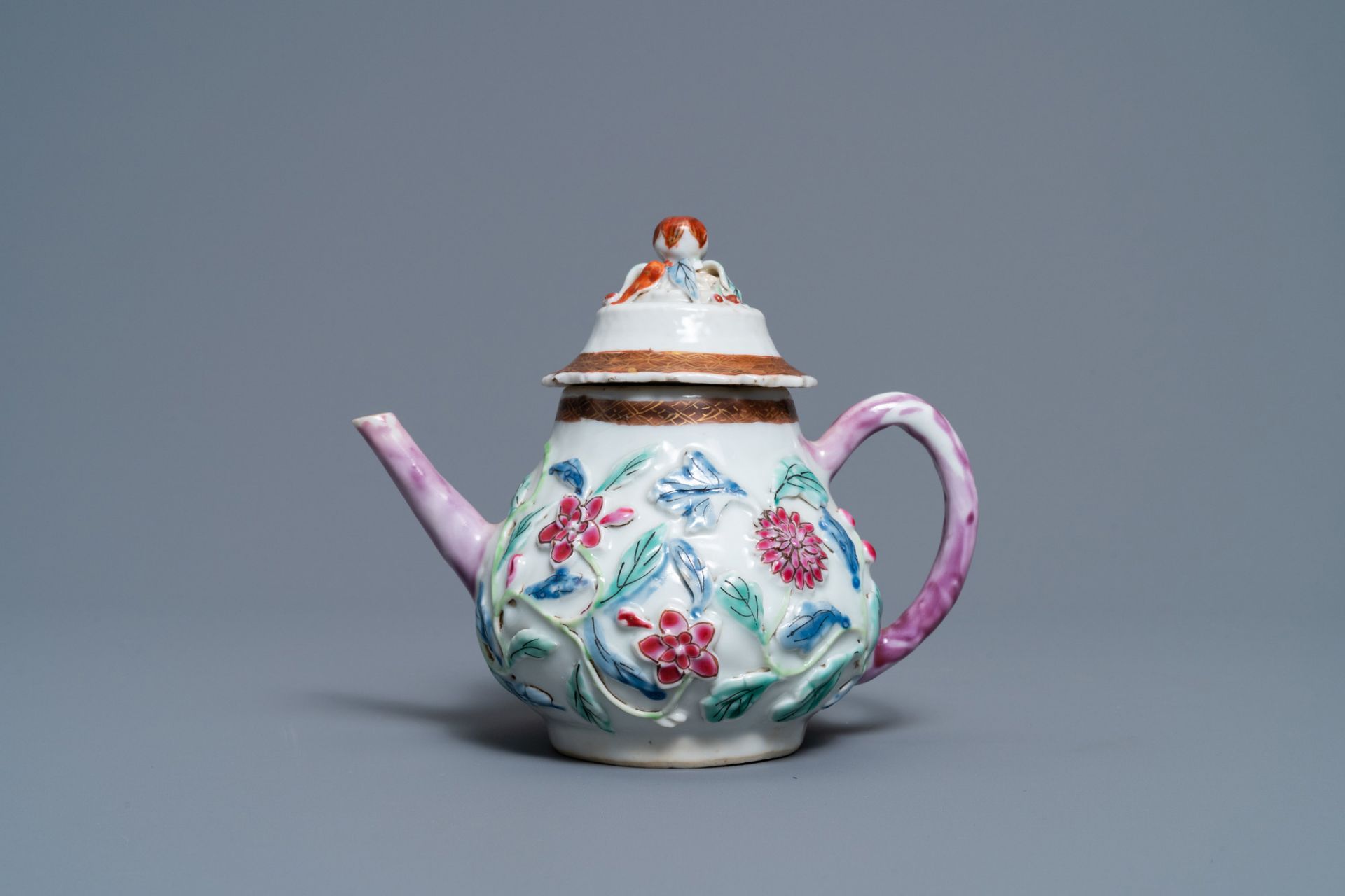 A Chinese famille rose relief-decorated teapot on stand, Yongzheng - Image 5 of 10