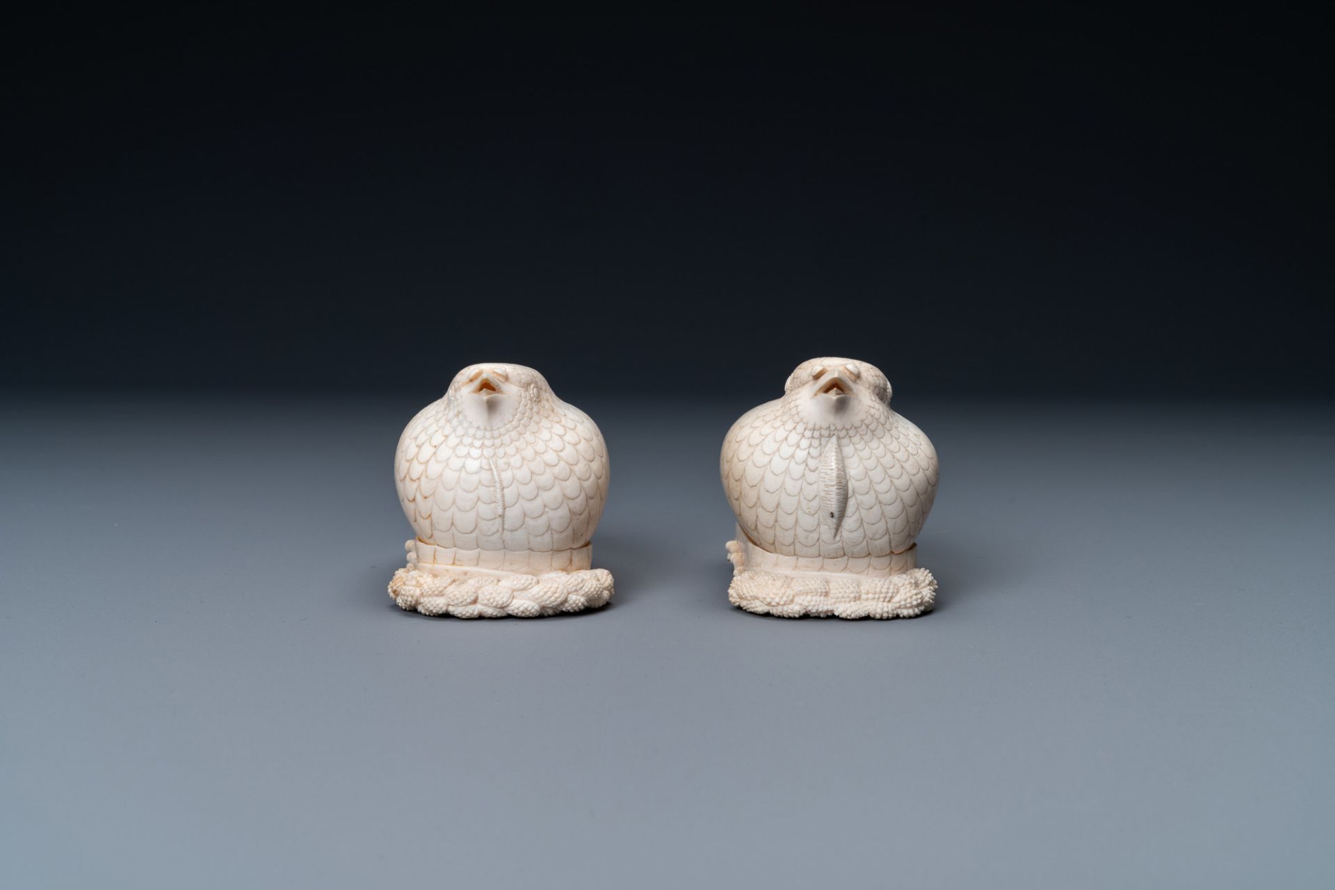 A pair of Chinese ivory quail-shaped boxes on inlaid wooden stands, Republic - Image 4 of 8