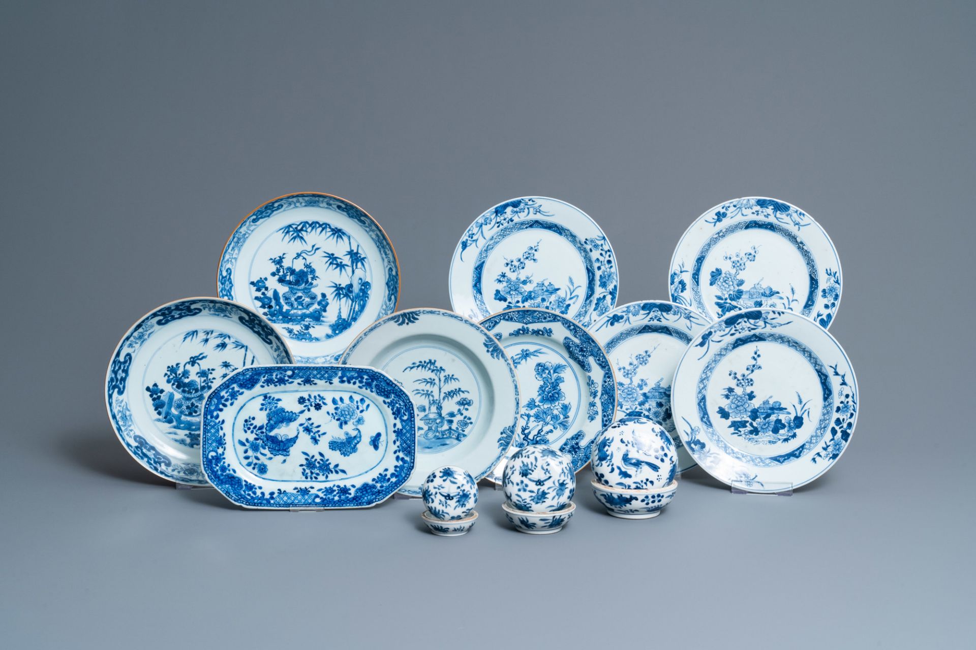 Eight Chinese blue and white dishes, a platter and three covered boxes, Yongzheng and later - Image 2 of 16