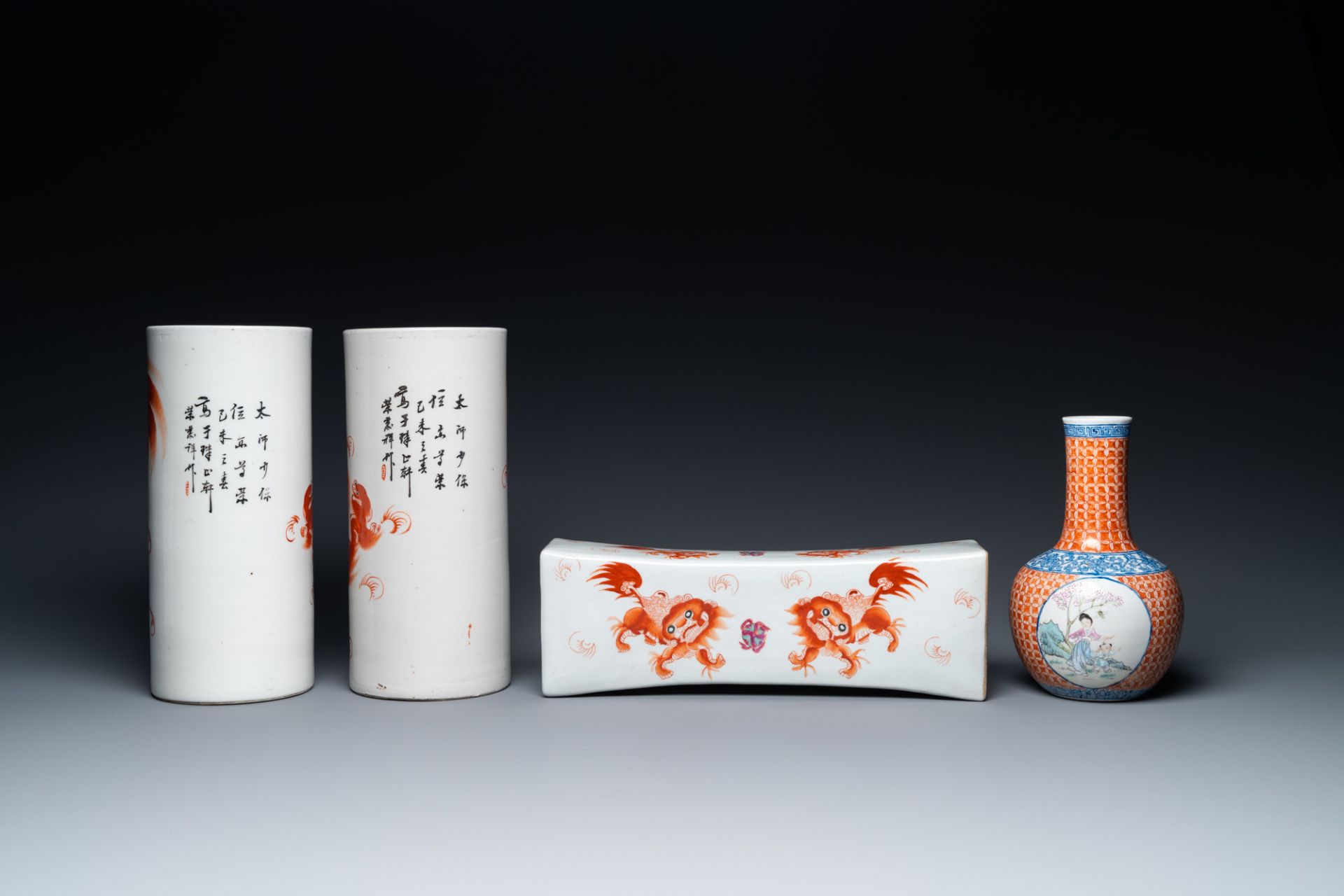 A Chinese famille rose 'playing boys' vase, a pair of hat stands and a head rest with Buddhist lions - Image 4 of 7