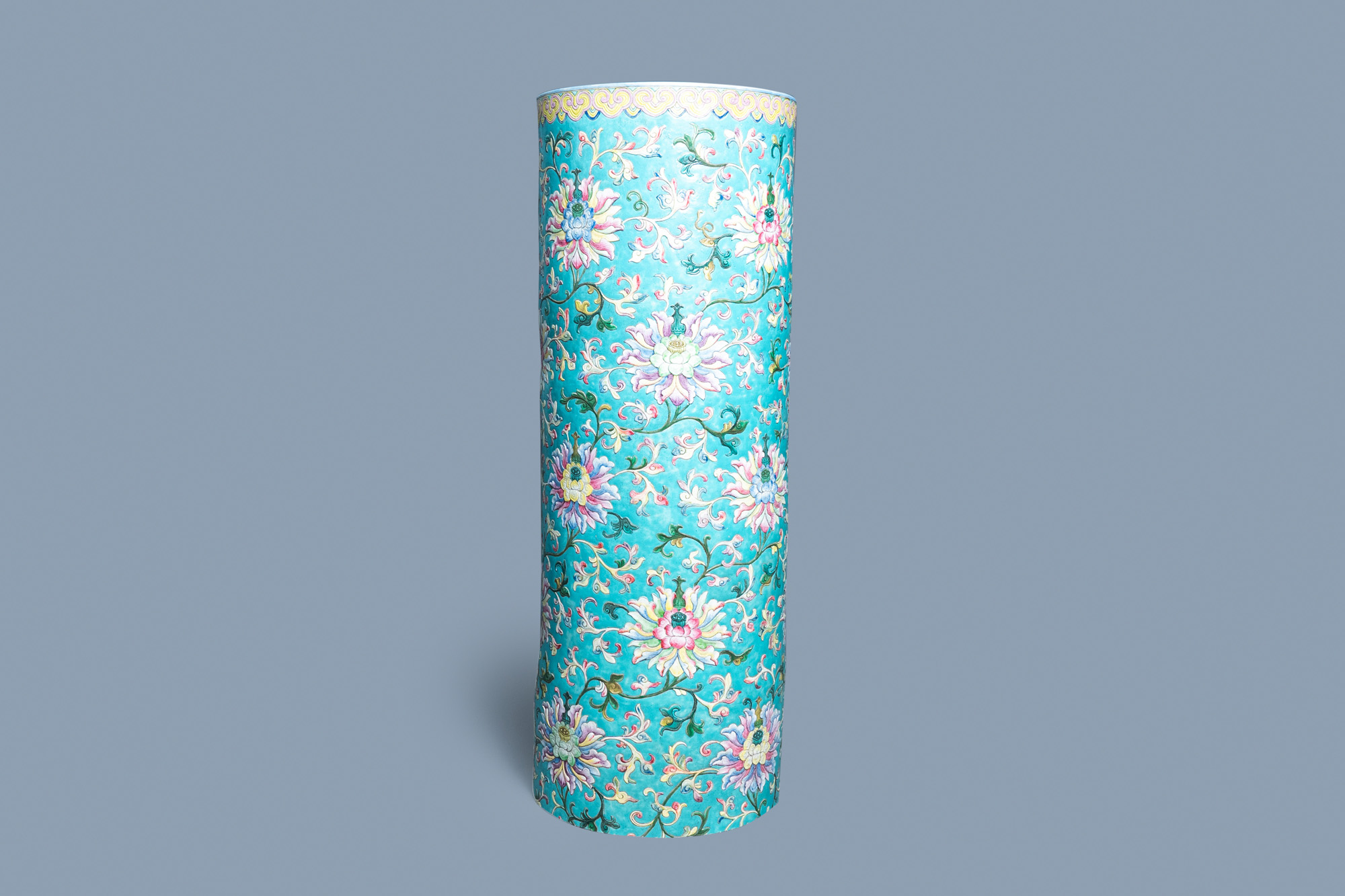 A large Chinese famille rose cylindrical vase with applied lotus scrolls, Jiaqing/Daoguang - Image 3 of 49