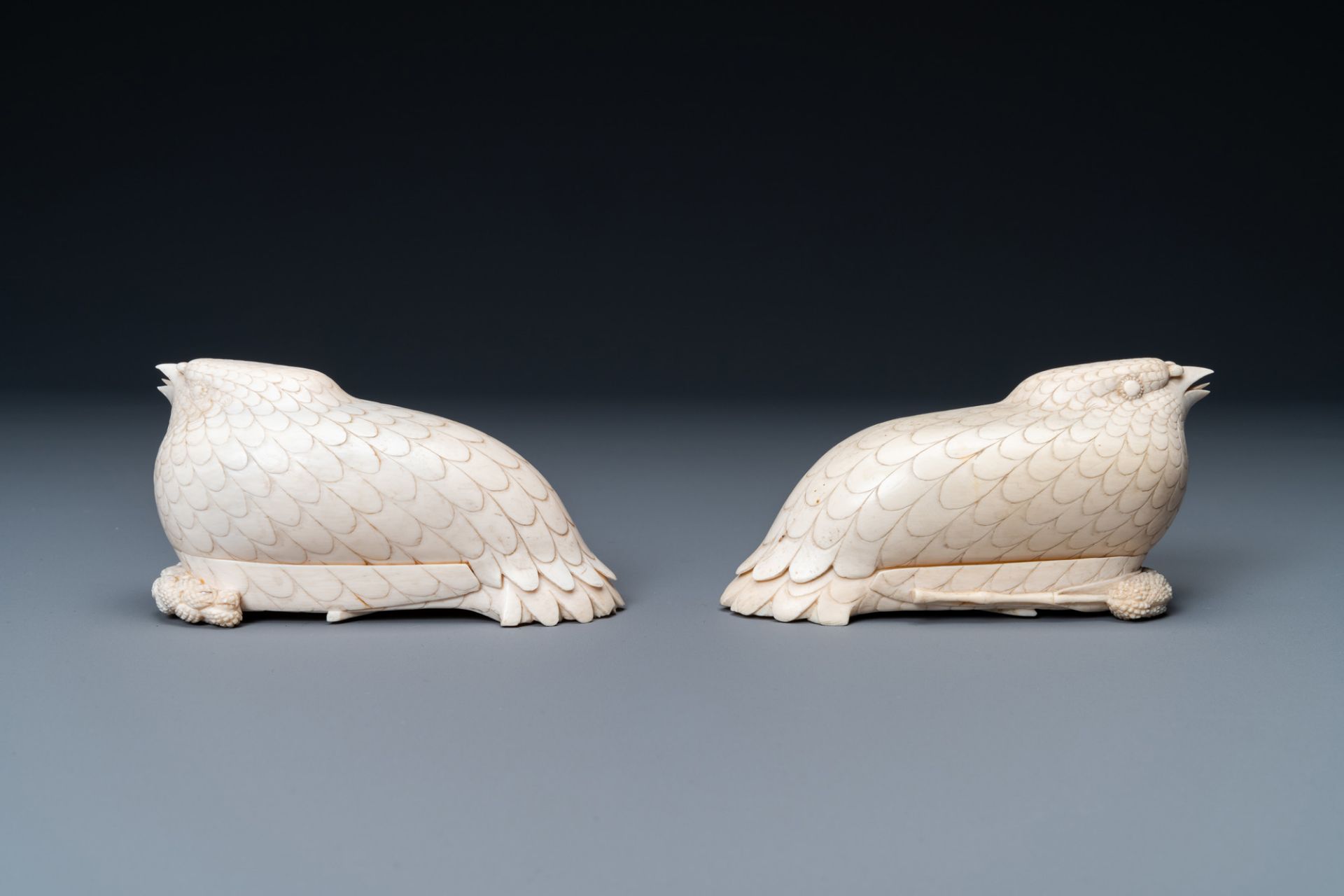 A pair of Chinese ivory quail-shaped boxes on inlaid wooden stands, Republic - Image 5 of 8