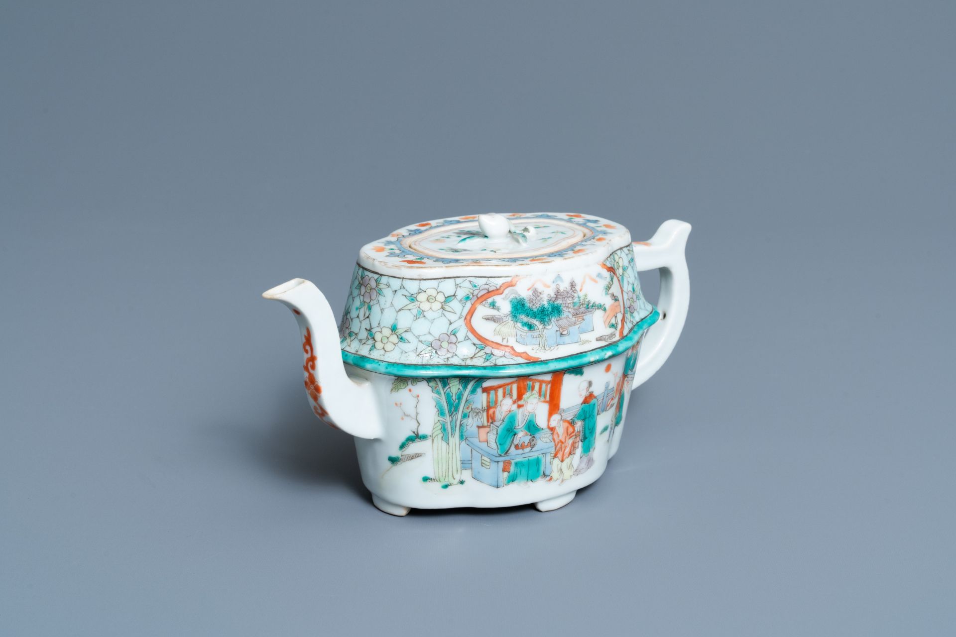 An unusual Chinese Canton famille verte teapot and cover, 19th C.