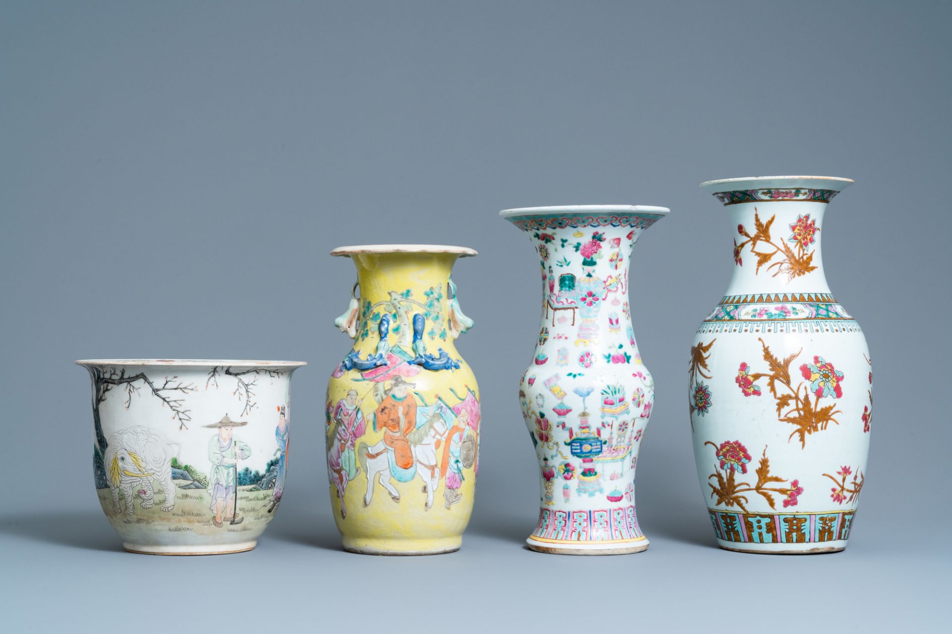 Three Chinese famille rose vases and a jardiniere, 19th C. - Image 2 of 7