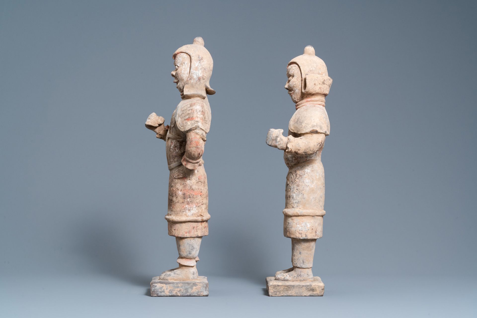 A pair of Chinese painted pottery 'Lokapala' guardian figures, Tang - Image 5 of 7