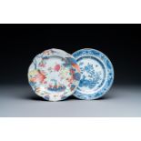 A Chinese famille rose 'pseudo tobacco leaf' plate and a blue and white 'rabbits' plate, Qianlong