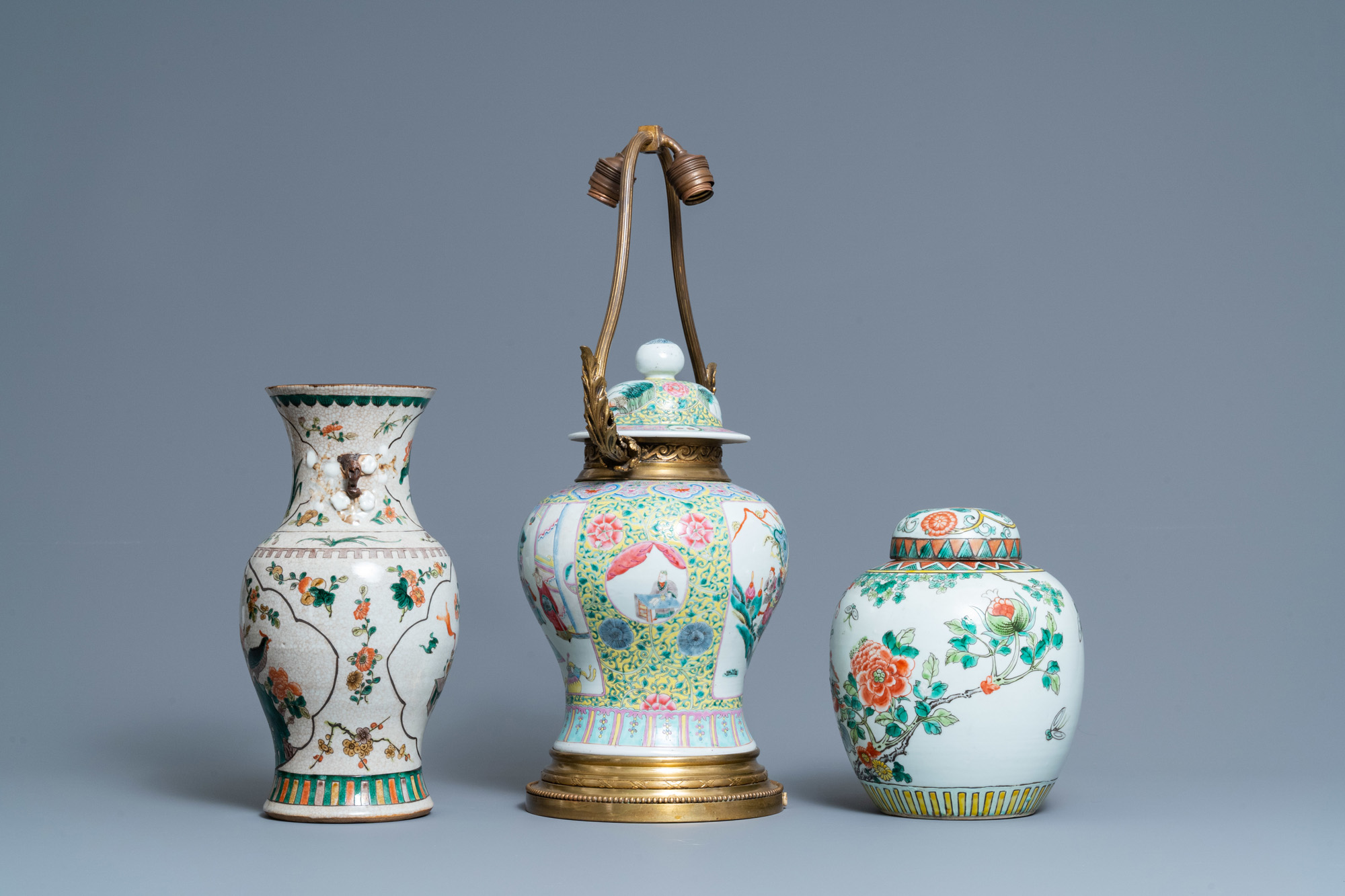 Two Chinese famille verte vases and a lamp-mounted famille rose vase, 19th C. - Image 4 of 6