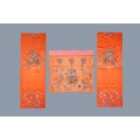 Three Chinese embroidered silk panels with elephants and buddhist lions, 19th C.