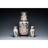 Three Chinese Nanking famille rose crackle-glazed vases, 19th C.