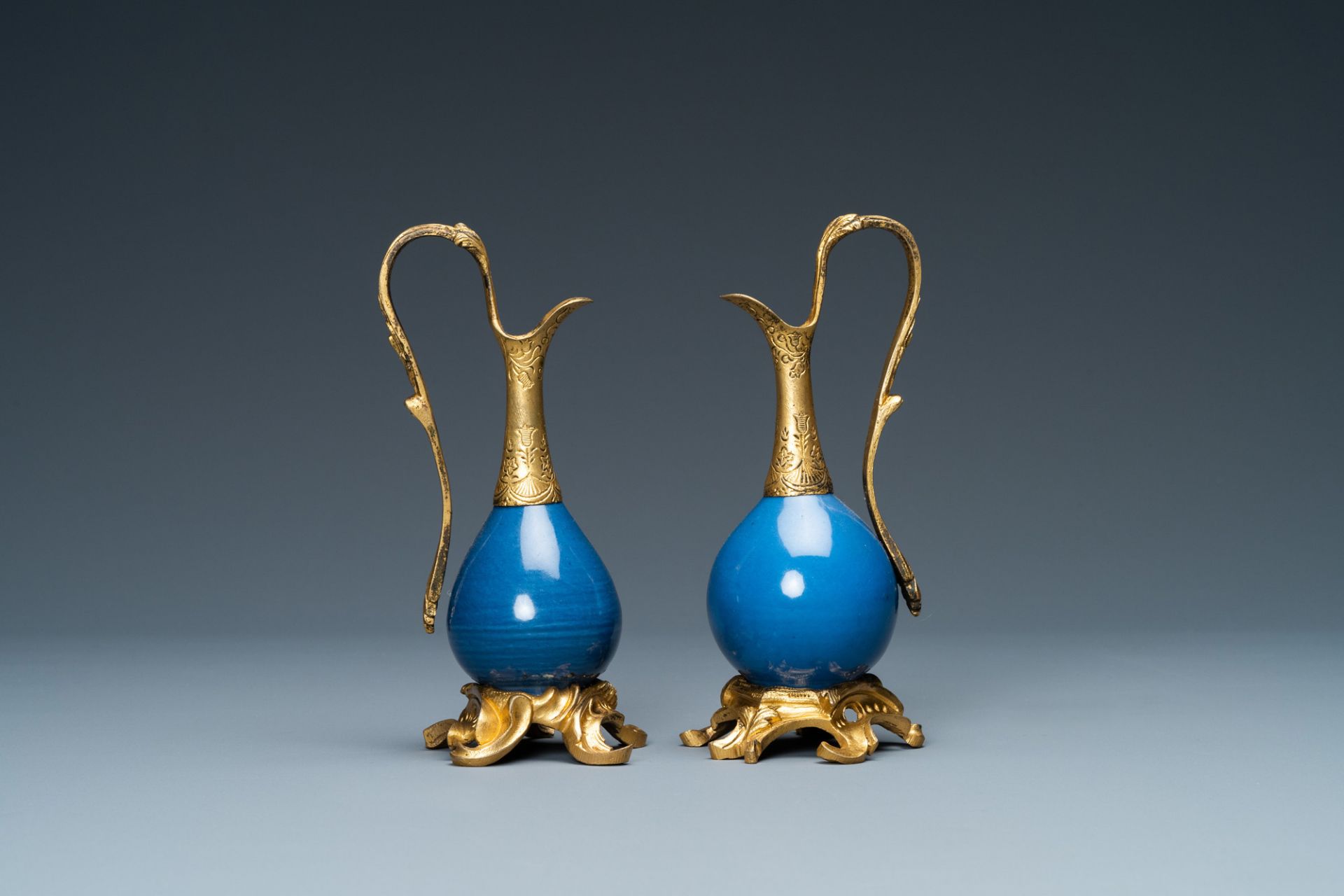 Two Chinese monochrome blue vases mounted as ewers with gilt bronze, Kangxi and 19th C. - Image 2 of 8