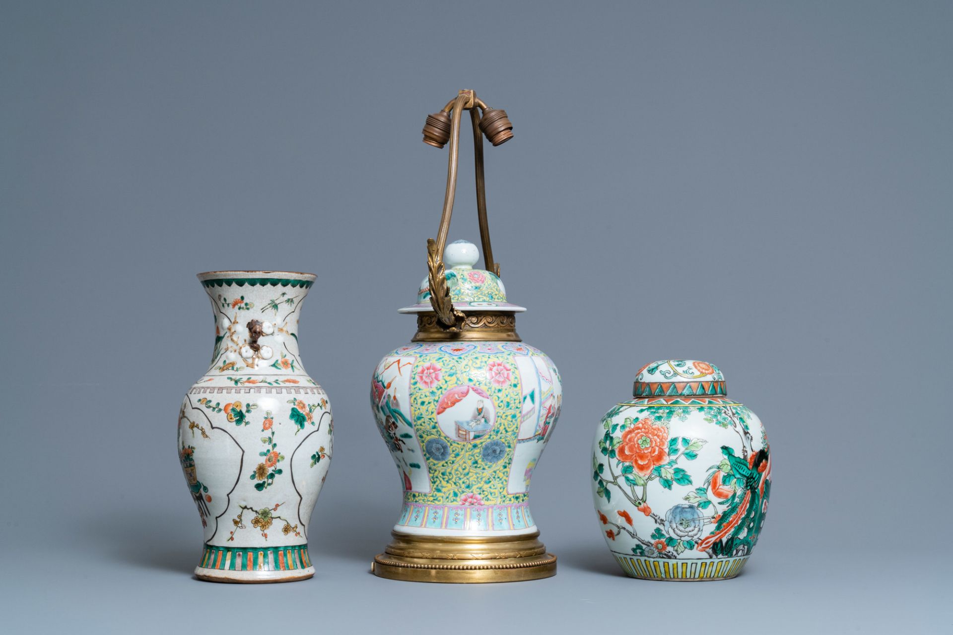 Two Chinese famille verte vases and a lamp-mounted famille rose vase, 19th C. - Image 2 of 6