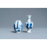 A Chinese blue and white tea caddy and a bottle vase, Kangxi