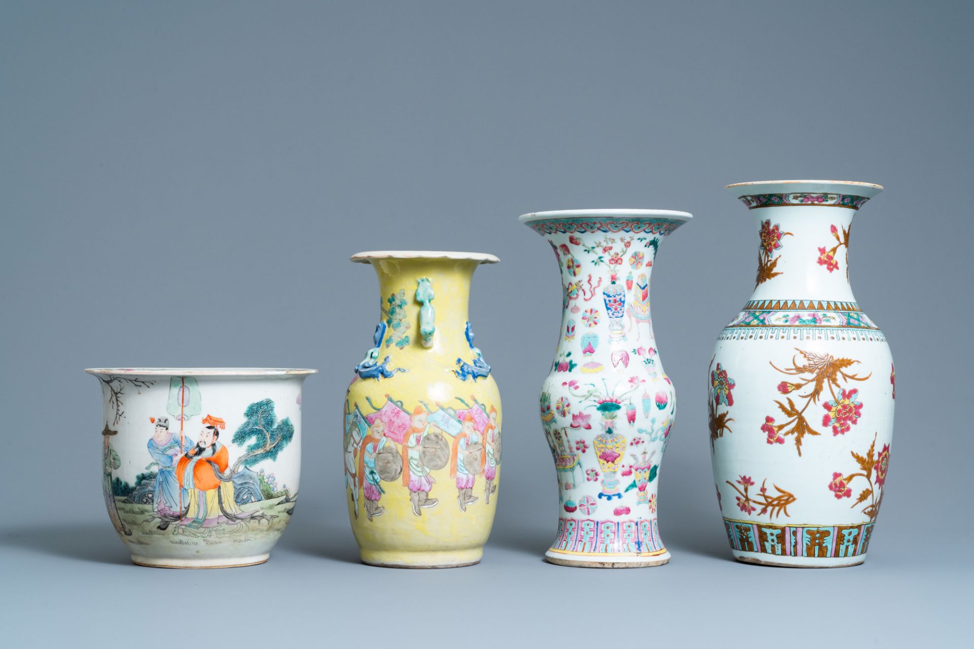 Three Chinese famille rose vases and a jardiniere, 19th C. - Image 5 of 7