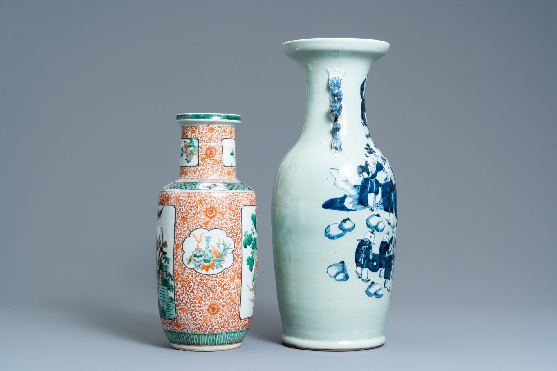 A Chinese blue and white celadon-ground vase and a famille verte rouleau vase, 19th C. - Image 2 of 6