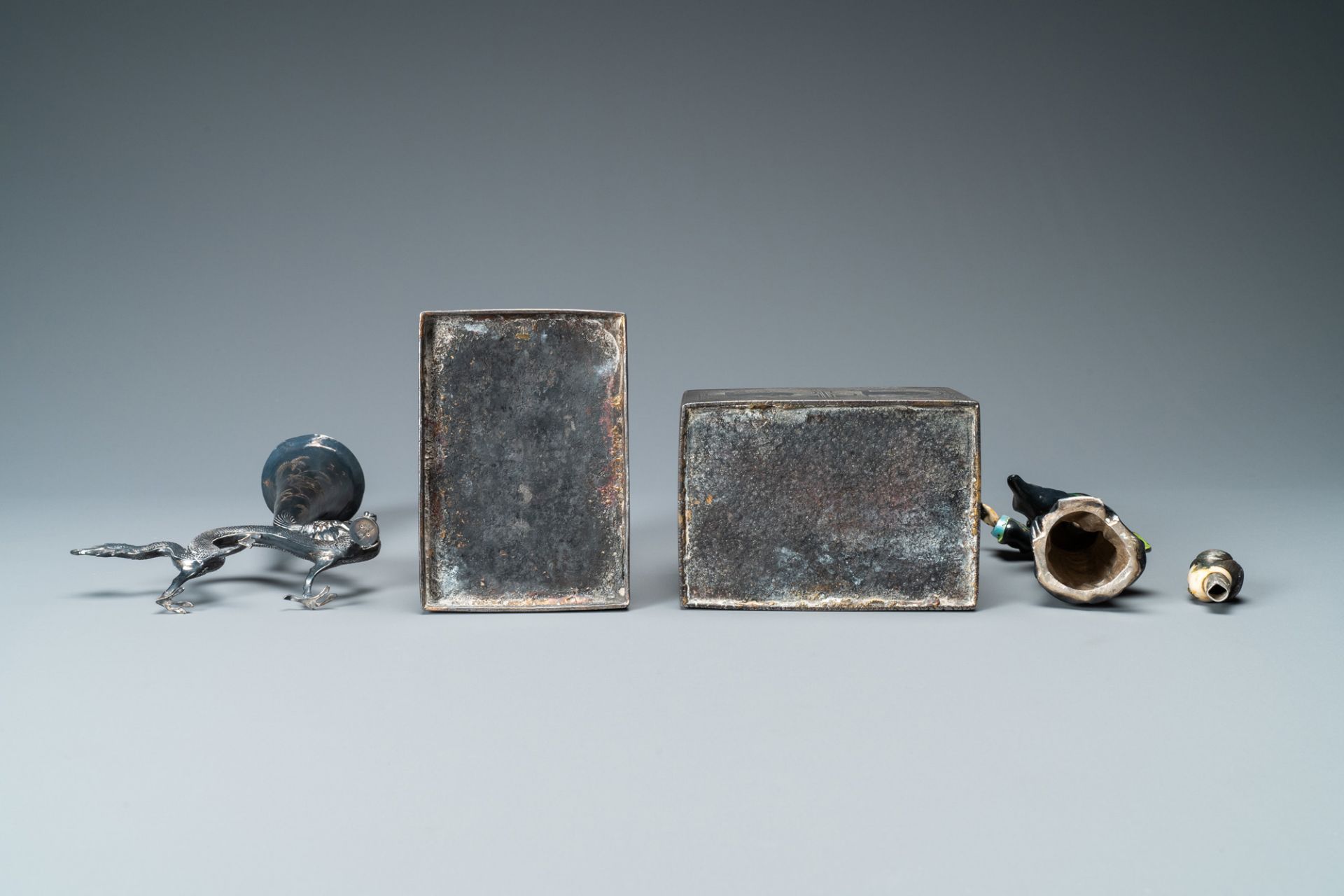 A Chinese enamelled silver figure, a silver vase, a silver-inlaid bronze censer and a silver-plated - Image 7 of 12