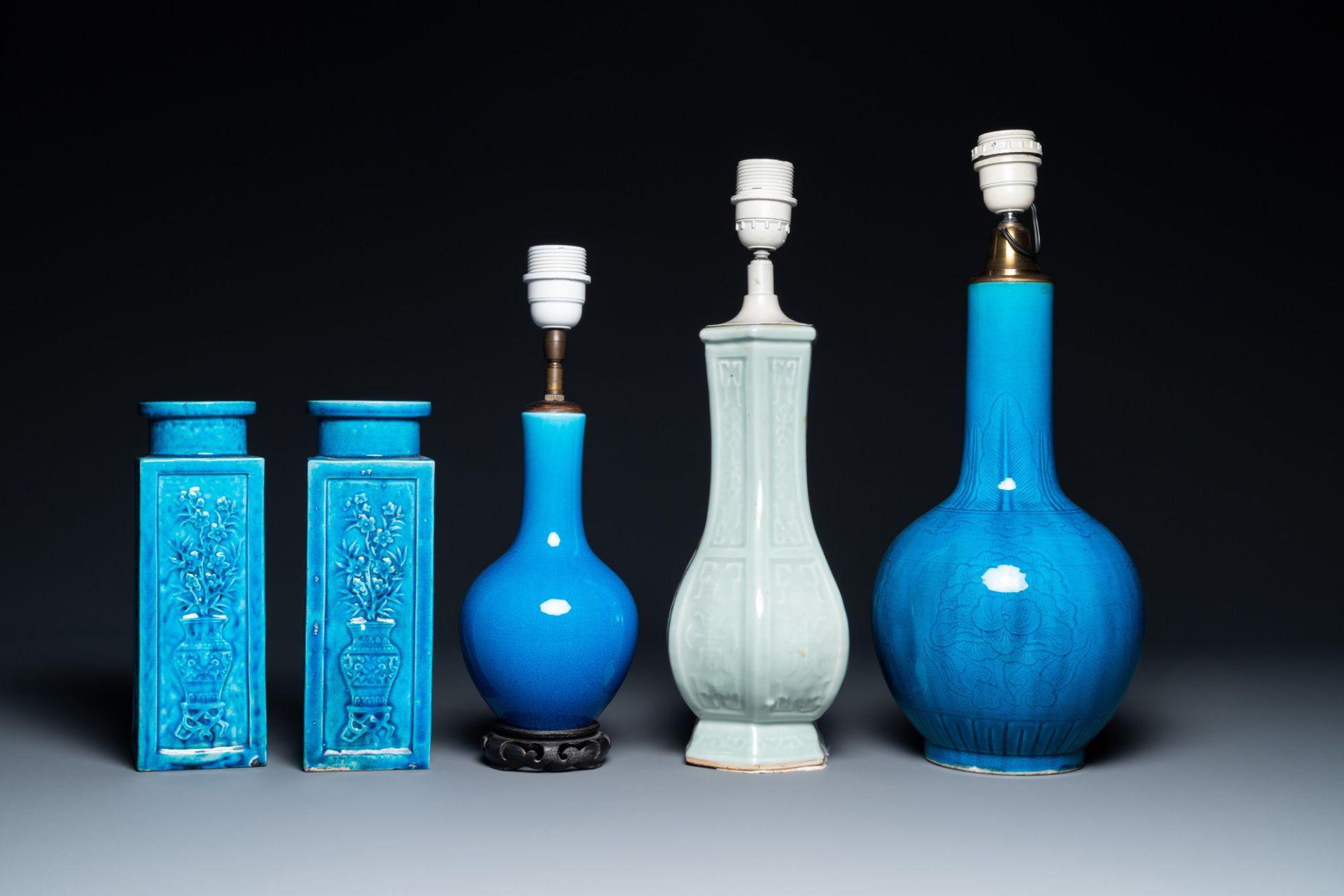 Four Chinese monochrome turquoise vases and a celadon vase, 19/20th C. - Image 3 of 9